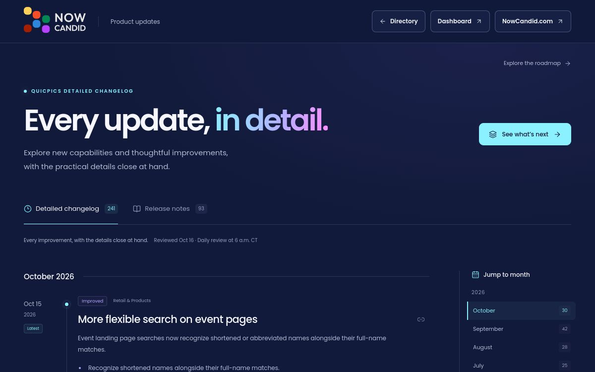 Current QuicPics changelog with detailed updates, release notes, and month navigation