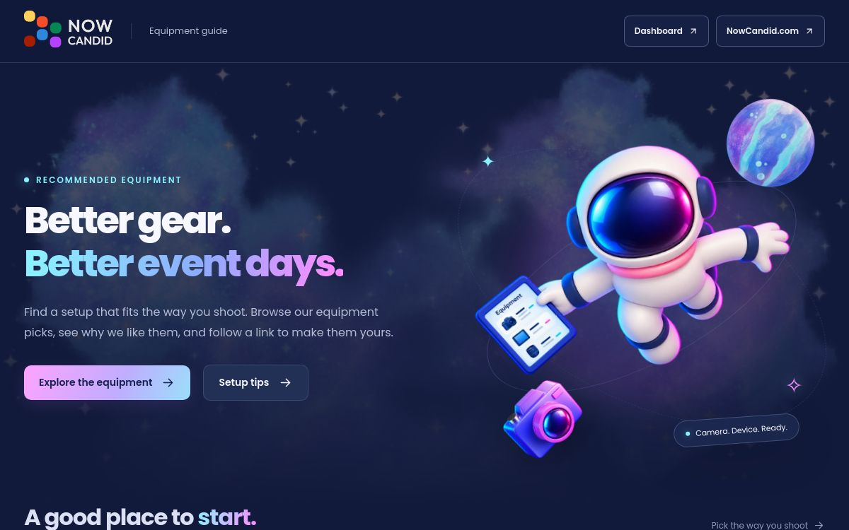 Current equipment guide with its astronaut artwork and equipment and setup buttons