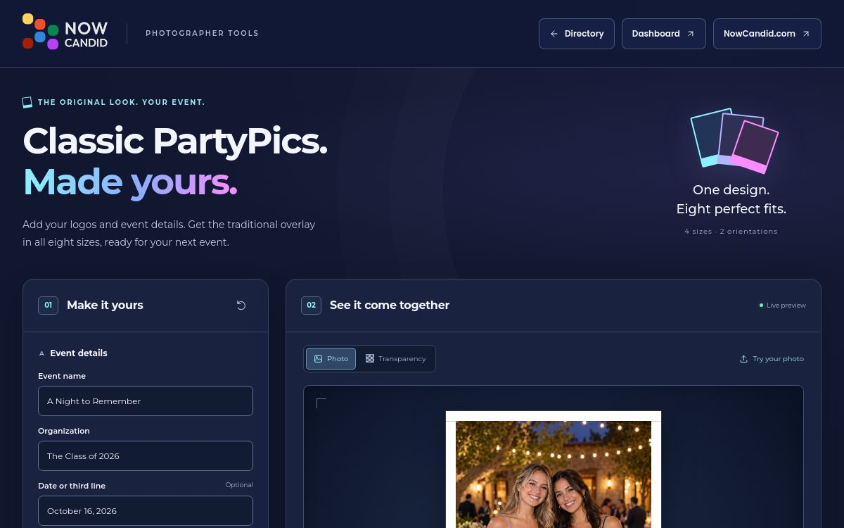Current dark PartyPics overlay creator with event fields and a photo preview