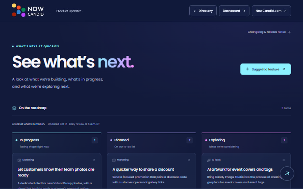 QuicPics product roadmap with in-progress, planned, and exploring features